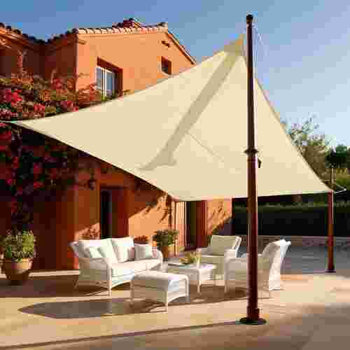 Sonnensegel nach Maß von Sonnenschutz Lohmar über einer Terrasse mit Loungemöbeln vor mediterranem Haus.