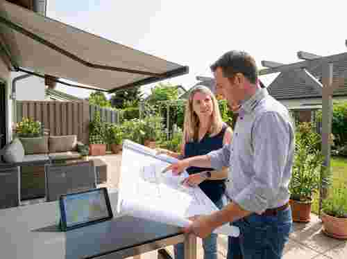 Berater und Hausbesitzer prüfen Sonnenschutz-Plan auf Terrasse in Lohmar, fotorealistisch