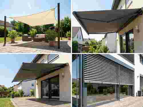 Fotorealistischer Sonnensegel-Schatten über sonniger Terrasse mit geometrischem Schattenwurf