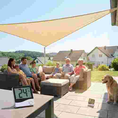 Familie entspannt unter einem Sonnensegel auf der Terrasse, Schatten im Kontrast zur Sonne