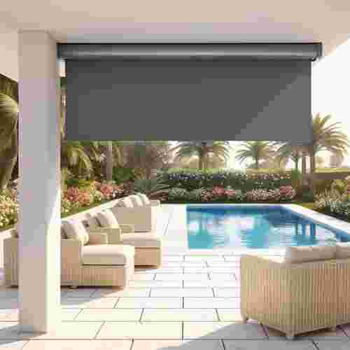 Senkrechtmarkise als Sonnenschutz an einer Poolterrasse mit Loungemöbeln von Sonnenschutztechnik Lohmar.